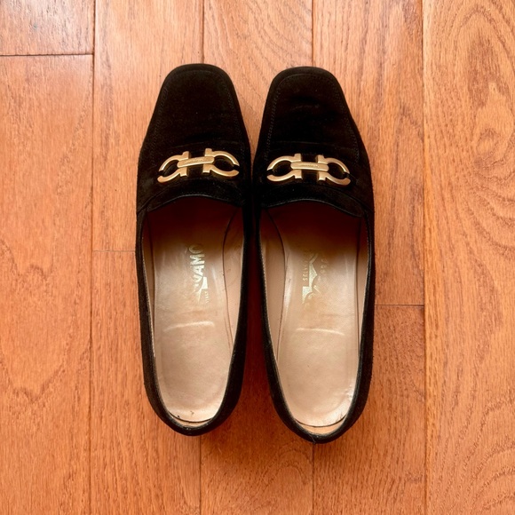 Salvatore Ferragamo Shoes - Ferragamo square toed suede loafers with Gancini ornament